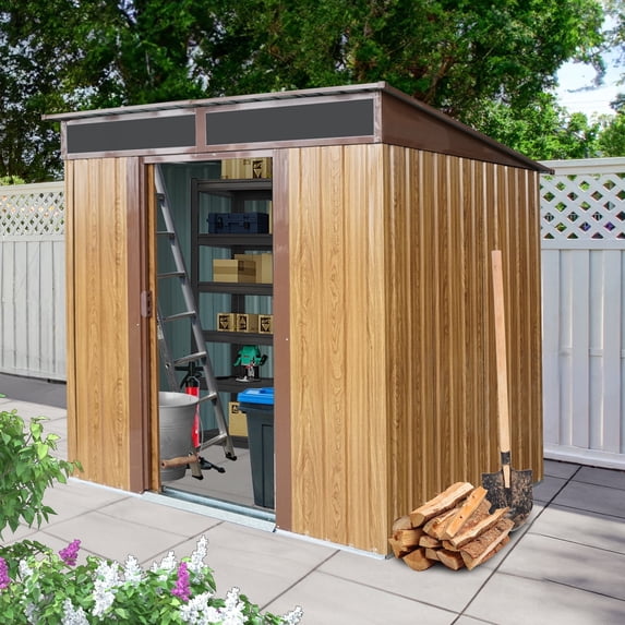 CarButler 6x5ft Metal Outdoor Storage Shed with Transparent Plateand and Lockable Sliding Doors for Garden Backyard Patio Coffee