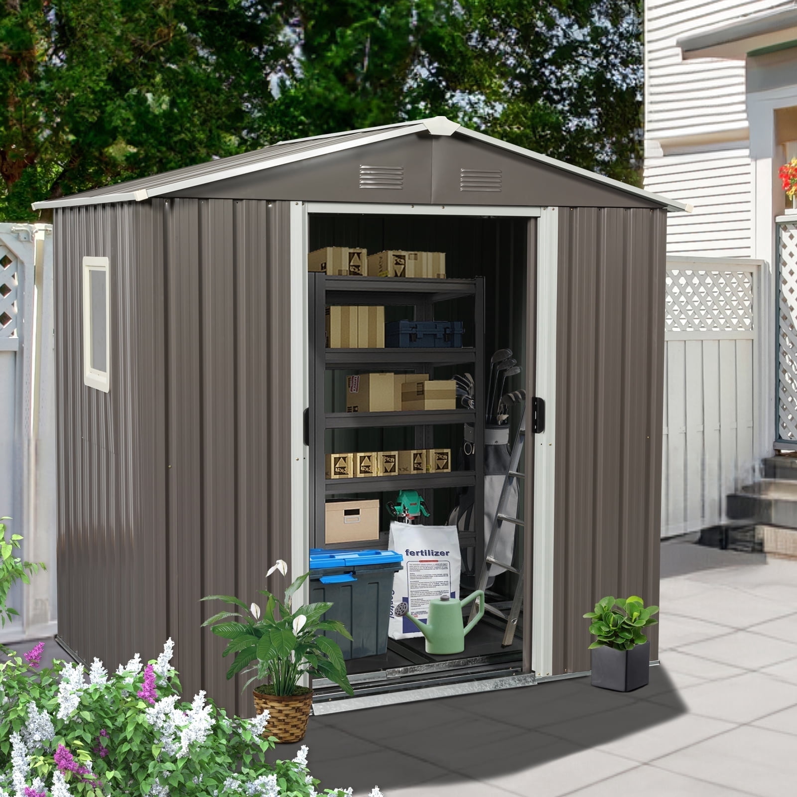 CarButler 6x5ft Metal Outdoor Storage Shed With Window and Lockable Sliding Doors for Garden Backyard Patio Lawn Gray