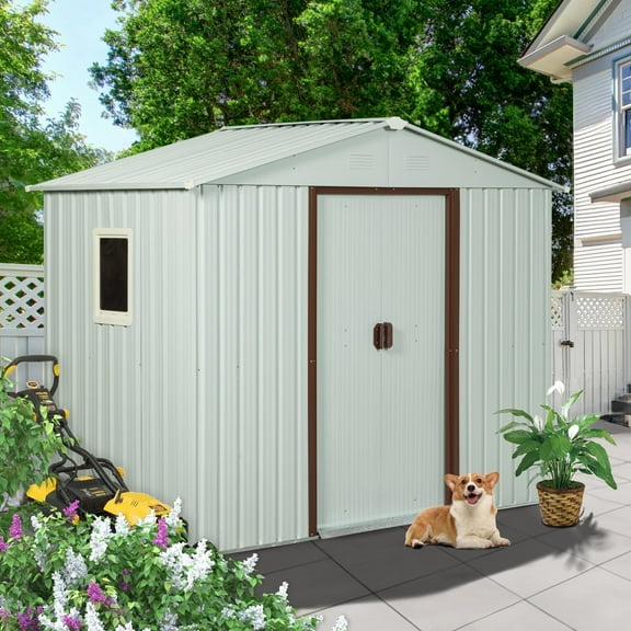 CarButler 6x5ft Metal Outdoor Storage Shed with Window and Lockable Sliding Doors for Garden Backyard Patio Lawn White