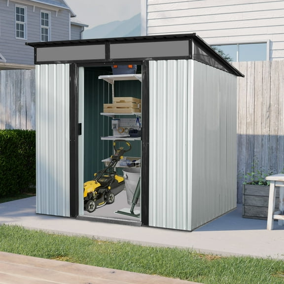 CarButler 6x5ft Metal Outdoor Storage Shed with Transparent Plate and Lockable Sliding Doors for Garden Backyard Patio White