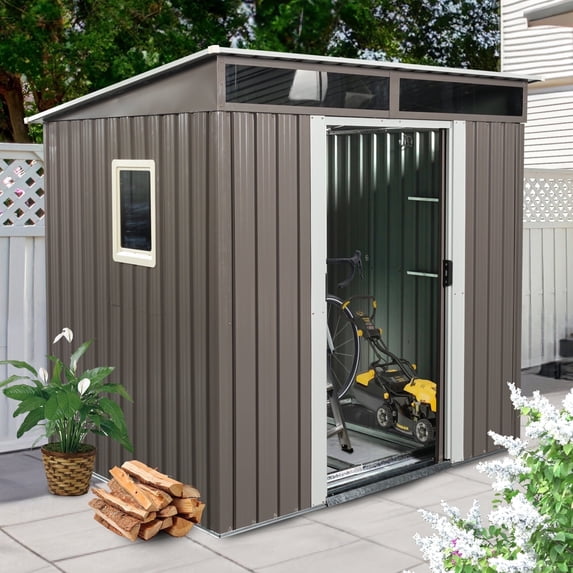 CarButler 6x5ft Metal Outdoor Storage Shed with Window and Transparent Plate, Lockable Sliding Doors for Garden Backyard Patio Lawn Gray