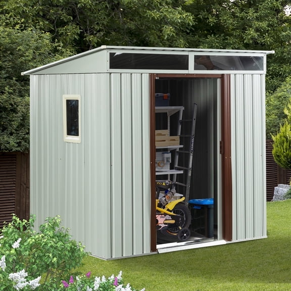 CarButler 6x5ft Metal Outdoor Storage Shed with Window and Transparent Plate, Lockable Sliding Doors for Garden Backyard Patio Lawn White