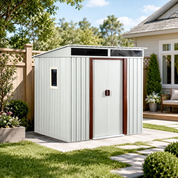 CarButler 6x5ft Metal Outdoor Storage Shed with Window and Transparent Plate, Lockable Sliding Doors for Garden Backyard Patio Lawn White