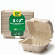 [6X6", 50-Pack] 100% Compostable Clamshell Food Containers for Takeout - Heavy-Duty Quality Assurance Crafted from Natural Disposable Bagasse of Sugar Cane Fibers, Truly Eco-Friendly& Biodegradable.