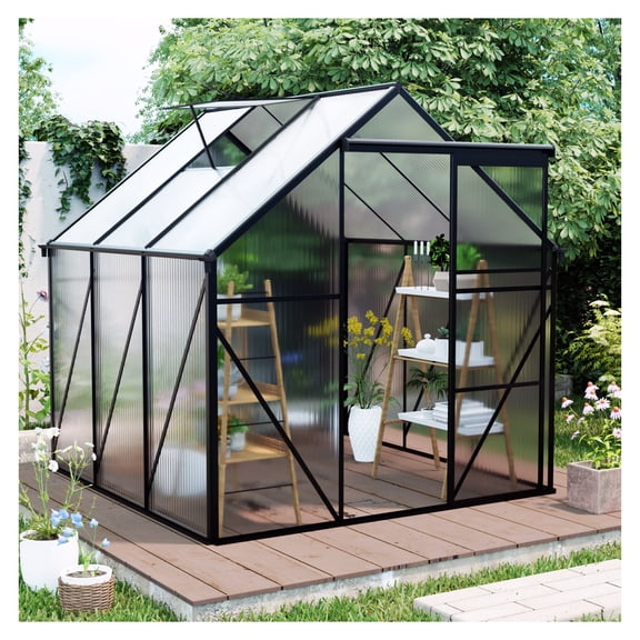 6X6FT-BLACK Polycarbonate Greenhouse Raised Base and Anchor Aluminum Heavy Duty Walk-in Greenhouses for Outdoor Backyard in All Season (W540S00002)