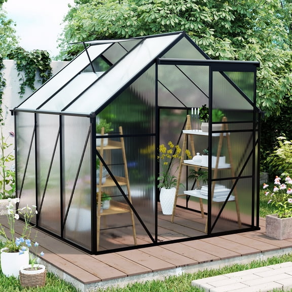 6X6FT-BLACK Polycarbonate Greenhouse Raised Base and Anchor Aluminum Heavy Duty Walk-in Greenhouses for Outdoor Backyard in All Season (W540S00002)
