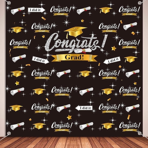 6X6FT Step And Repeat Congrats Grad Backdrop Graduation Party Decorations Fabric Congratulate Grad Backdrop Graduation Celebration Background Banner for Prom Party