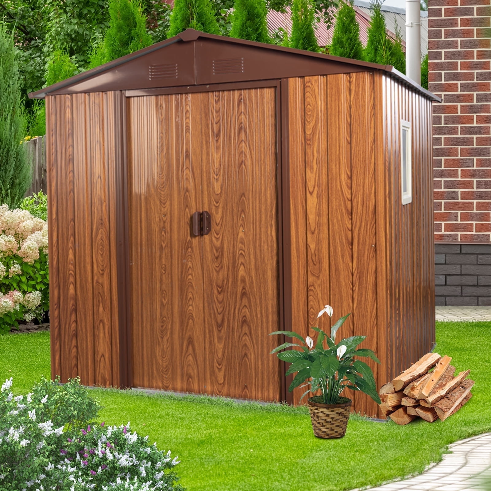 CarButler 6x6ft Metal Outdoor Storage Shed with Window and Lockable Sliding Doors for Garden Backyard Patio Lawn Coffee
