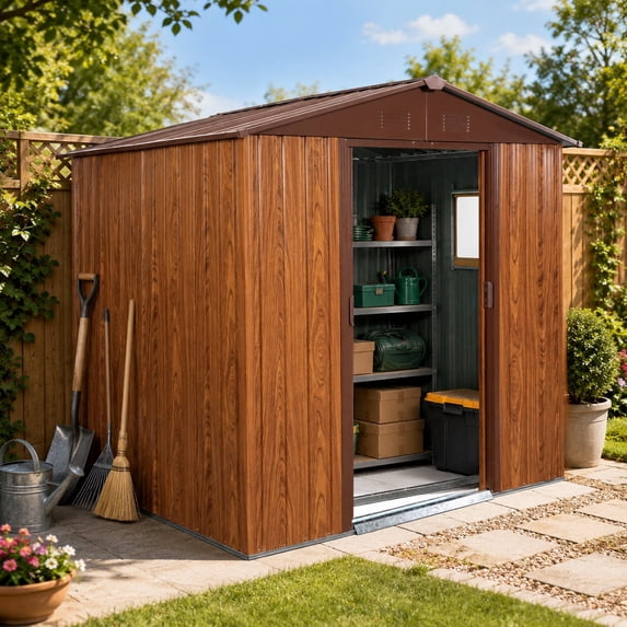 CarButler 6x6ft Metal Outdoor Storage Shed with Window and Lockable Sliding Doors for Garden Backyard Patio Lawn Coffee