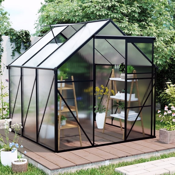 CarButler 6x6ft Polycarbonate Greenhouse Heavy Duty Walk-in Garden House with Sliding Door and Vent for Outdoor Garden Backyard Black