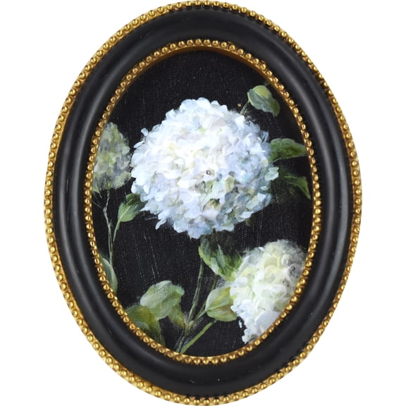 Home Decor Collection 6x8 Gold Ornate White Hydrangea Oval Framed Wall Art, Vintage Floral Canvas Artwork with Black and Gold Resin Frame, Cottagecore Botanical Decor, Tabletop or Wall Hanging Accent