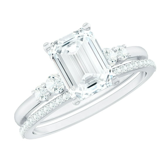 6X8 MM Emerald Cut Lab Grown Diamond Bridal Ring Set - Gift For Women, 14K White Gold, US 7.00