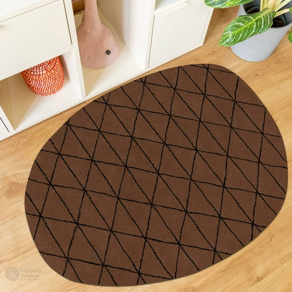 6X9 Wool Rug, Brown Color, Living, Bed, room, Oval Carpet, Geometric Carpet, Handmade Rugs