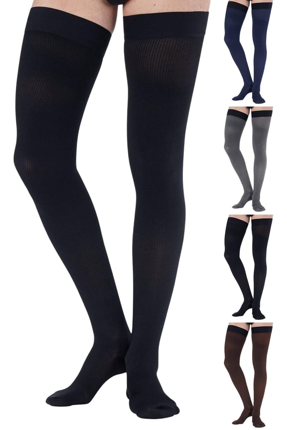 6XL Plus Size Opaque Compression Thigh High for Men 20-30mmHg - Black, 6X-Large