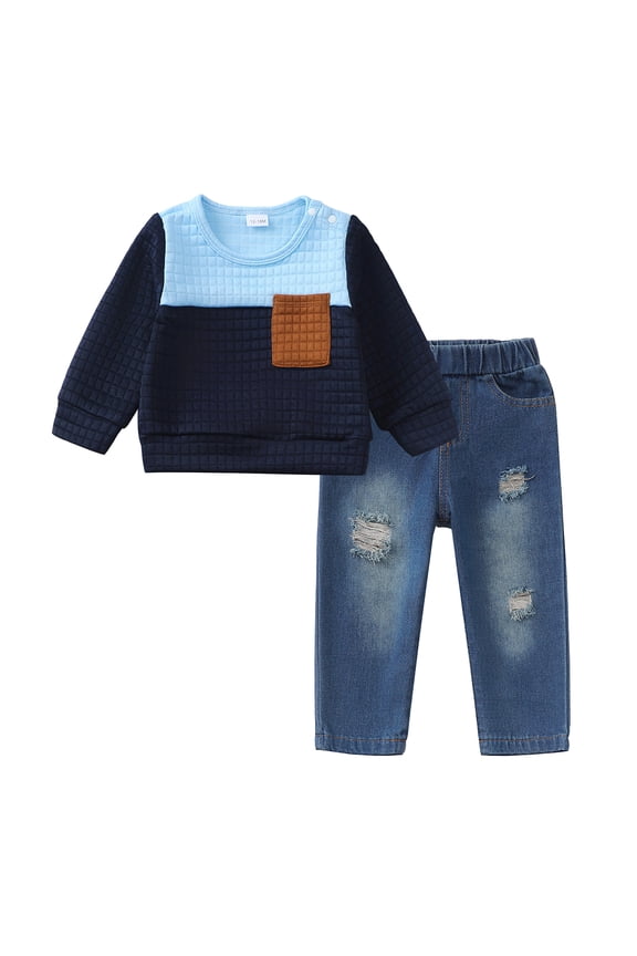 6Y Kids Boys Clothes 7 Years Boys Fall Winter Pant Set Little Boys Long Sleeve Round Neckline Top Jeans Pants 2PCS Outfits Set Blue