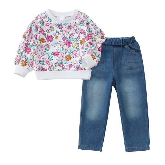 6Y Kids Girls Clothes 7 Years Girls Fall Winter Pant Set Little Girls Long Sleeve Round Neckline Floral Top Jeans Pants 2PCS Outfits Set White