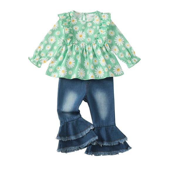 6Y Kids Girls Clothes 7 Years Girls Fall Winter Pant Set Little Girls Ruffle Long Sleeve Round Neckline Floral Top Jeans Pants 2PCS Outfits Set Green