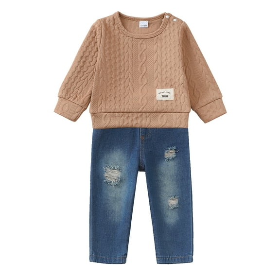 6Y Little Boys Clothes 7Y Boys 2PCS Denim Outfits Set Solid Color Little Boys Long Sleeve Crew Neck Top Denim Pants Set Khaki