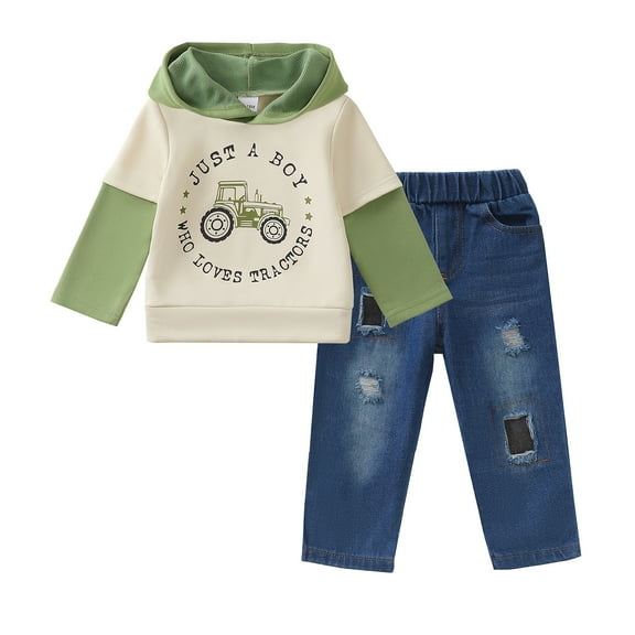 6Y Little Boys Clothes 7Y Boys 2PCS Hoodie Outfits Set Letter Print Little Boys Long Sleeve Top Denim Pants Set Green