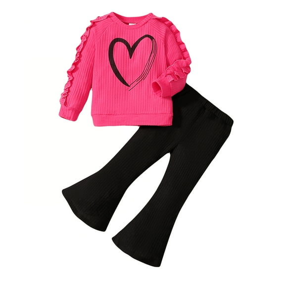 6Y Little Girls Clothes 6Y Girls 2PCS Outfits Set Heart Print Round Neck Little Girls Long Sleeve Top Pants Set Rose Red