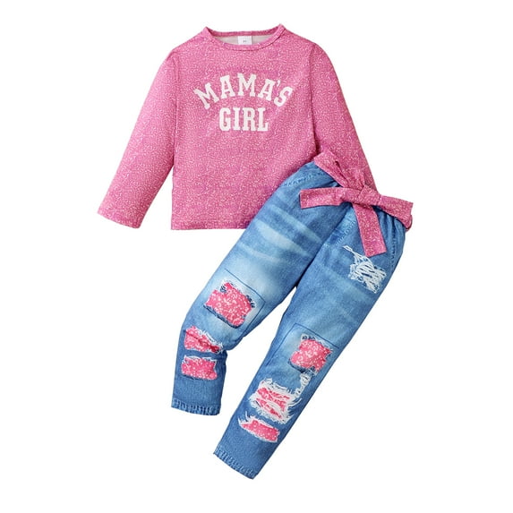 6Y Little Girls Clothes 6Y Girls 2PCS Outfits Set Letter Print Round Neck Little Girls Long Sleeve Top Pants Set Rose Red