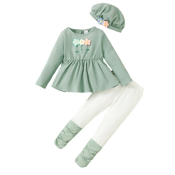 6Y Little Girls Clothes 6Y Girls 3PCS Outfits Set Flower Round Neck Little Girls Long Sleeve Top Pants Set with Hat Green