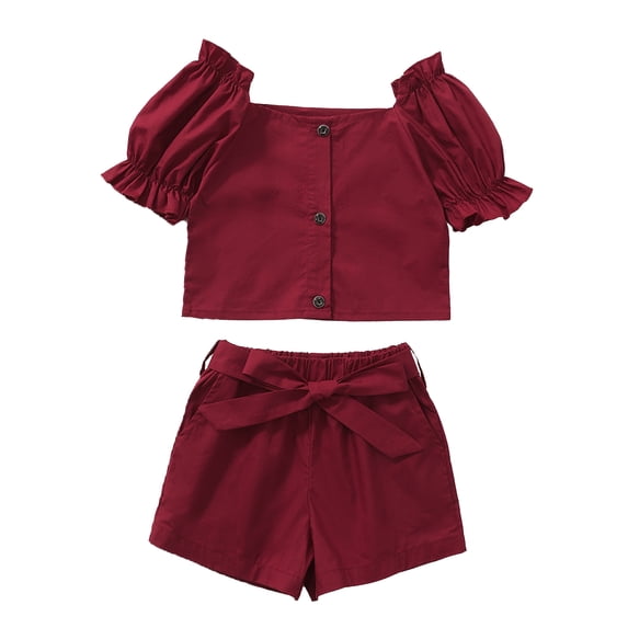 6Y Little Girls Clothes 7 Years Little Girls 2PCS Summer Clothing Set Off-the-shoulder Solid Color Little Girls Short Sleeve Top Short Set Red
