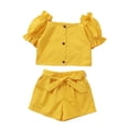 thumbnail image 1 of 6Y Little Girls Clothes 7 Years Little Girls 2PCS Summer Clothing Set Off-the-shoulder Solid Color Little Girls Short Sleeve Top Short Set Yellow, 1 of 7