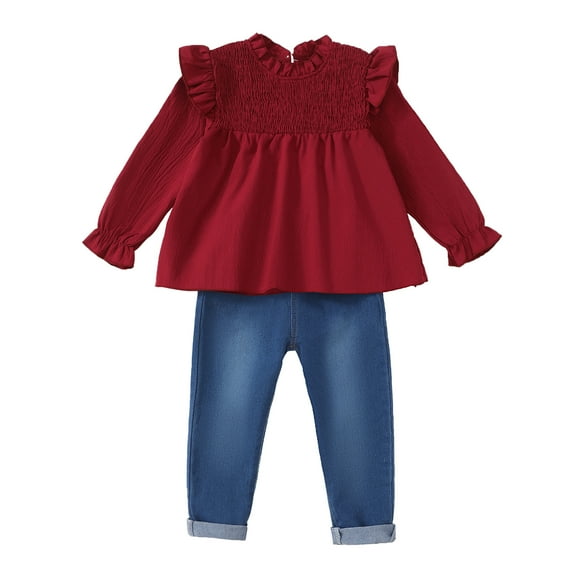 6Y Little Girls Clothes 7Y Girls 2PCS Fall Winter Denim Outfits Set Little Girls Ruffle Long Sleeve Top Denim Pants Set Red
