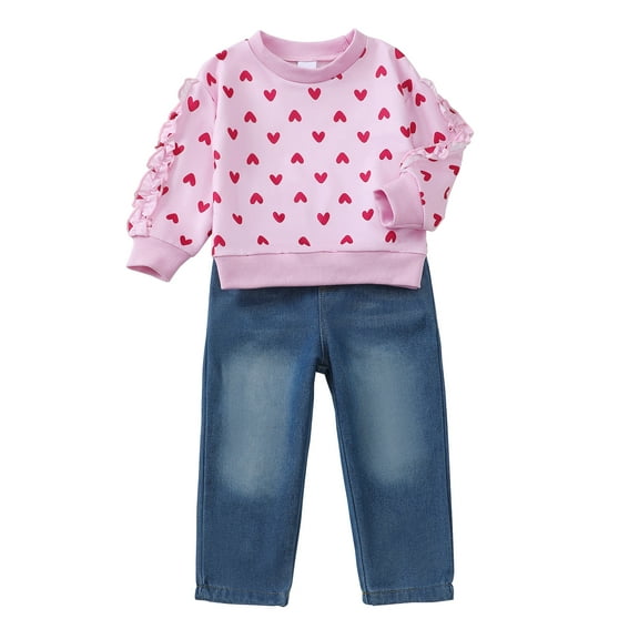 6Y Little Girls Clothes 7Y Girls 2PCS Outfits Set Heart Print Little Girls Long Sleeve Crew Neck Top Denim Pants Set Pink