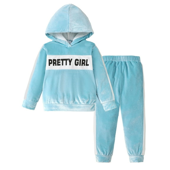 6Y Little Girls Clothes 7Y Girls Fall Winter Pant Set Little Girls Long Sleeve Letter Print Hooded Top Pants 2PCS Set Blue