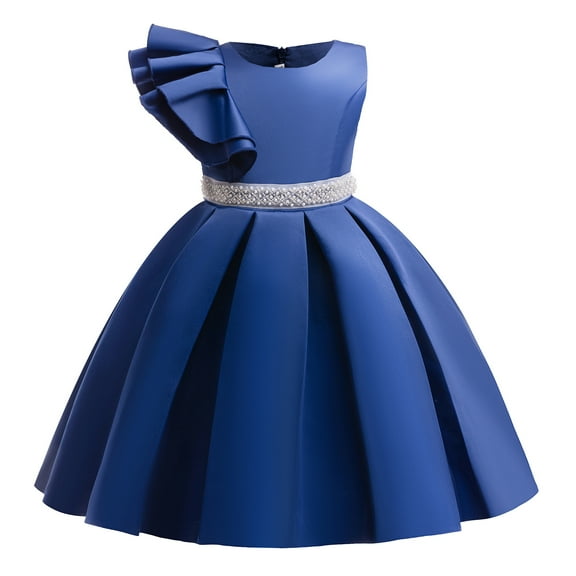 6Y Little Girls Dress Little Girls Princess Dress Solid Color Party Dress 7Y Girls Sleeveless Ruffle Pleated Dress Blue