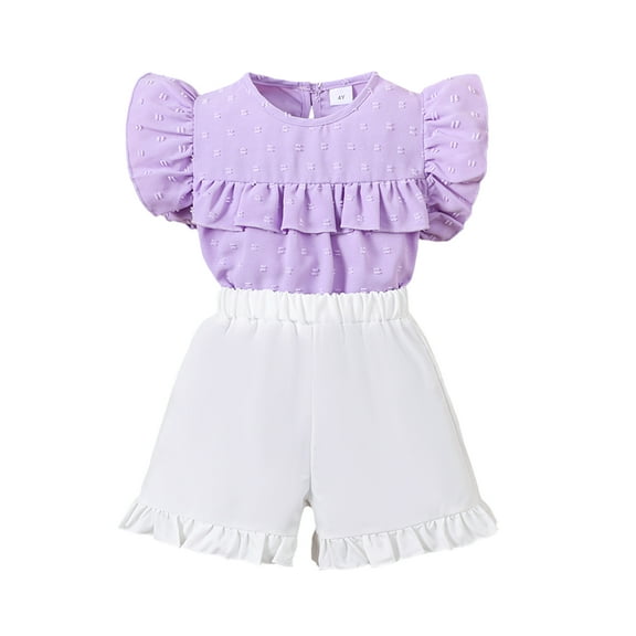 6Y Little Girls Outfits 6Y Girls 2PCS Summer Short Sets Little Girls Short Sleeve Round Neckline Top Shorts Set Purple
