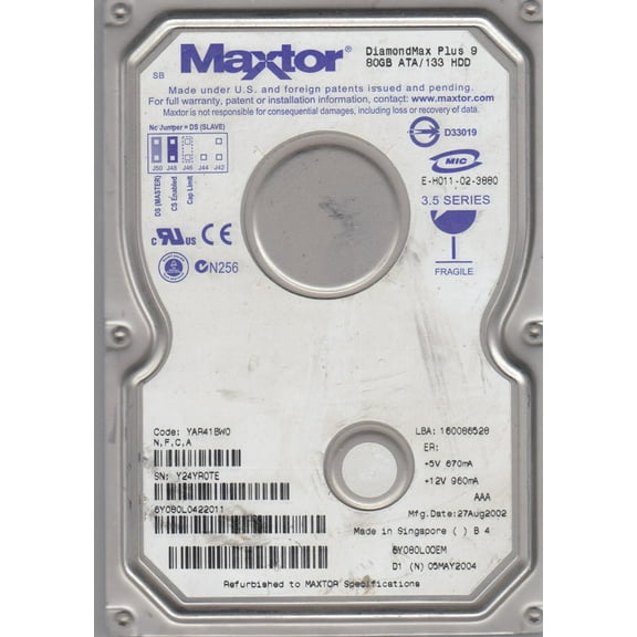 6Y080L0, Code YAR41BW0, NFCA, Maxtor 80GB IDE 3.5 Hard Drive
