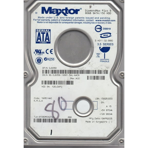 6Y080M0, Code YAR51HW0, KMGA, Maxtor 80GB SATA 3.5 Hard Drive