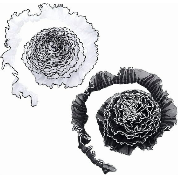 6Yards Ruffled Pleated Lace Fabric Trim 1-5/8 Inch Retro Organza Tulle Fabric Ribbon Black White Matching Lace Wavy Ribbon