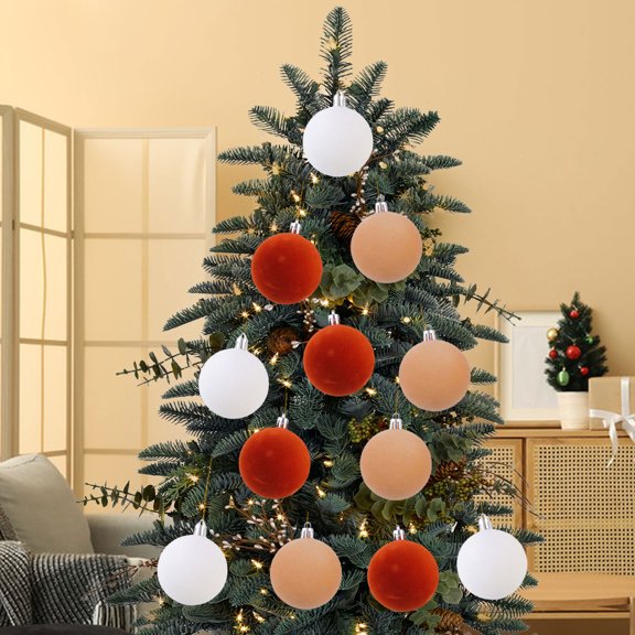 6cm 12pc Flocking Christmas Tree Ornaments, Wenini DIY Christmas Decoration Pendant Set for Holiday Party, Festive Tree Decorations with Storage Box for Home Office Gift