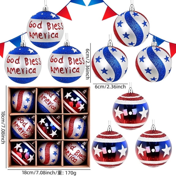6cm 9Pcs PS Electroplated Hand Drawn Ornament Set, Red White Blue Mini Boxed Pendant, Patriotic Small Table Decor, Assorted Ornament for Indoor Home 4th Of July Room Layout