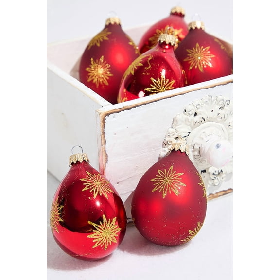 6ct Drop Glass Christmas Ornaments Red & Red Velvet with Gold Snowflake