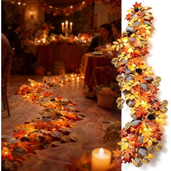 6ft/10ft Maple Leaf Fall Garland with Solar Lights in/Outdoor (1-10ft, BAT) | Waterproof, Solar or Battery Power, Flexible Wire, Autumn Thanksgiving Decor for Mantel Fireplace Yard Fall Wedding Decor