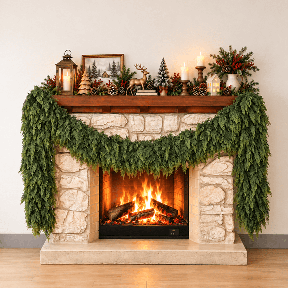 6ft 1Pcs Christmas Cedar Garland Artificial Realistic Soft Thick Green Faux Lush Cedar Pine Garland for Fireplace Mantel Stairs Doorframe Table Porch Indoor Outdoor Holiday Decor