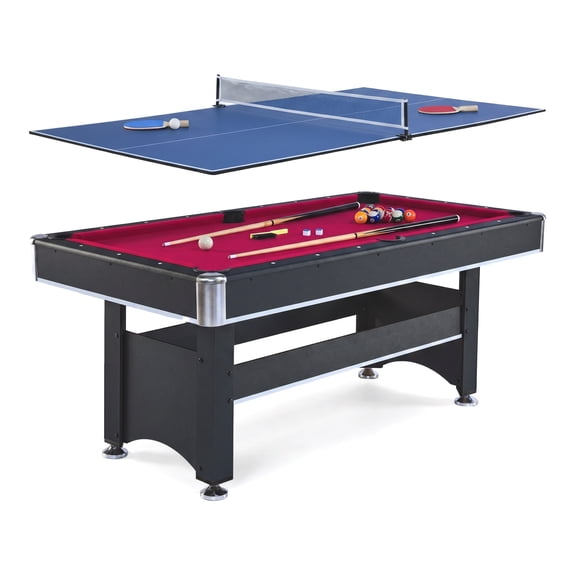 6ft 2-in-1 Pool Table with Table Tennis Top Black Red Felt Combo Game Table for Home Family Game Room