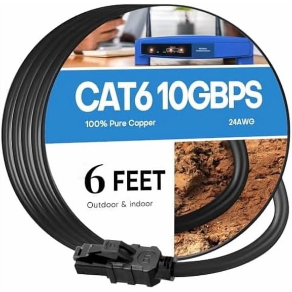 6ft 6 Ethernet , Flat RJ45 LAN Network , 10Gbps Speed, Indoor & Outdoor Use, Compatible with 7/8, for Router, Modem, , Gaming Consoles, Streaming Devices - 6