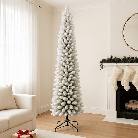 6ft/7.5FT Pre-Lit Snow Flocked Artificial Christmas Tree with Warm White LED Lights, Pencil Slim Design for Small Spaces, Home Office Holiday Decor