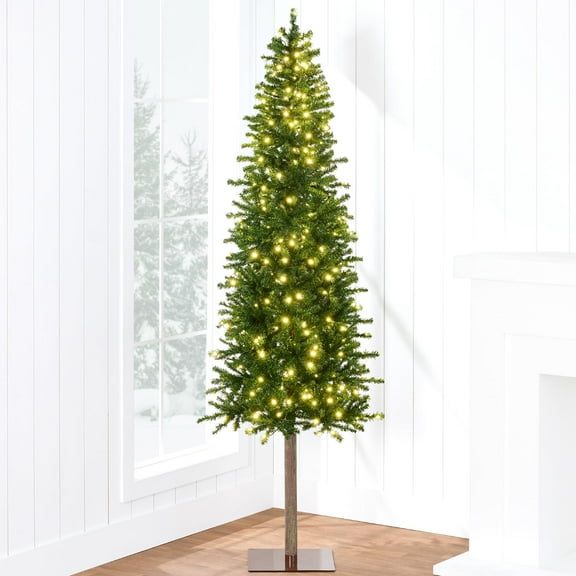 6ft/7.5ft Christmas Tree, Slim Xmas Tree with LED Lights Prelit, 6 Ft Pencil Christmas Tree with Warm White Lights & Metal Stand, Xmas Decoration, Holiday Decoration