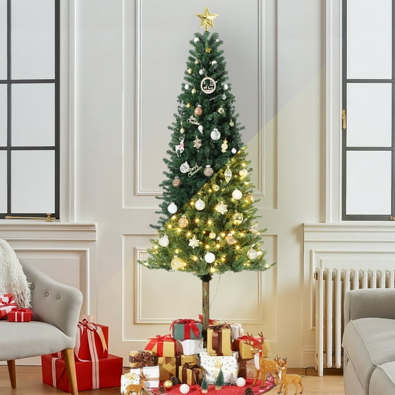 6ft/7.5ft Pre-Lit Artificial Pencil Christmas Tree with 600 LED Lights, Dual-Mode Warm White & Twinkle Lighting, Slim Design with Realistic Tips, Includes Sturdy Metal Stand for Holiday Home Decor