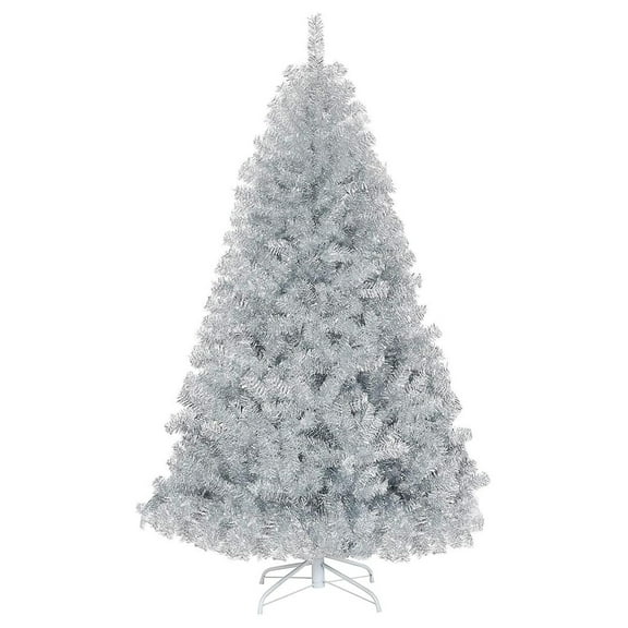 6ft/7.5ft Silver Tinsel Artificial Christmas Tree, Unlit Hinged Spruce Full Tree with 1036/1258 Branch Tips and Metal Stand, Easy Assembly, 6FT Holiday Xmas Tree Indoor Outdoor