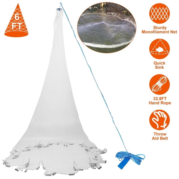 6ft/8ft Radius Fishing Cast Net Bait Trap Easy Throw Heavy Duty Hand Cast Net with Chain Sinker Bottom Spread