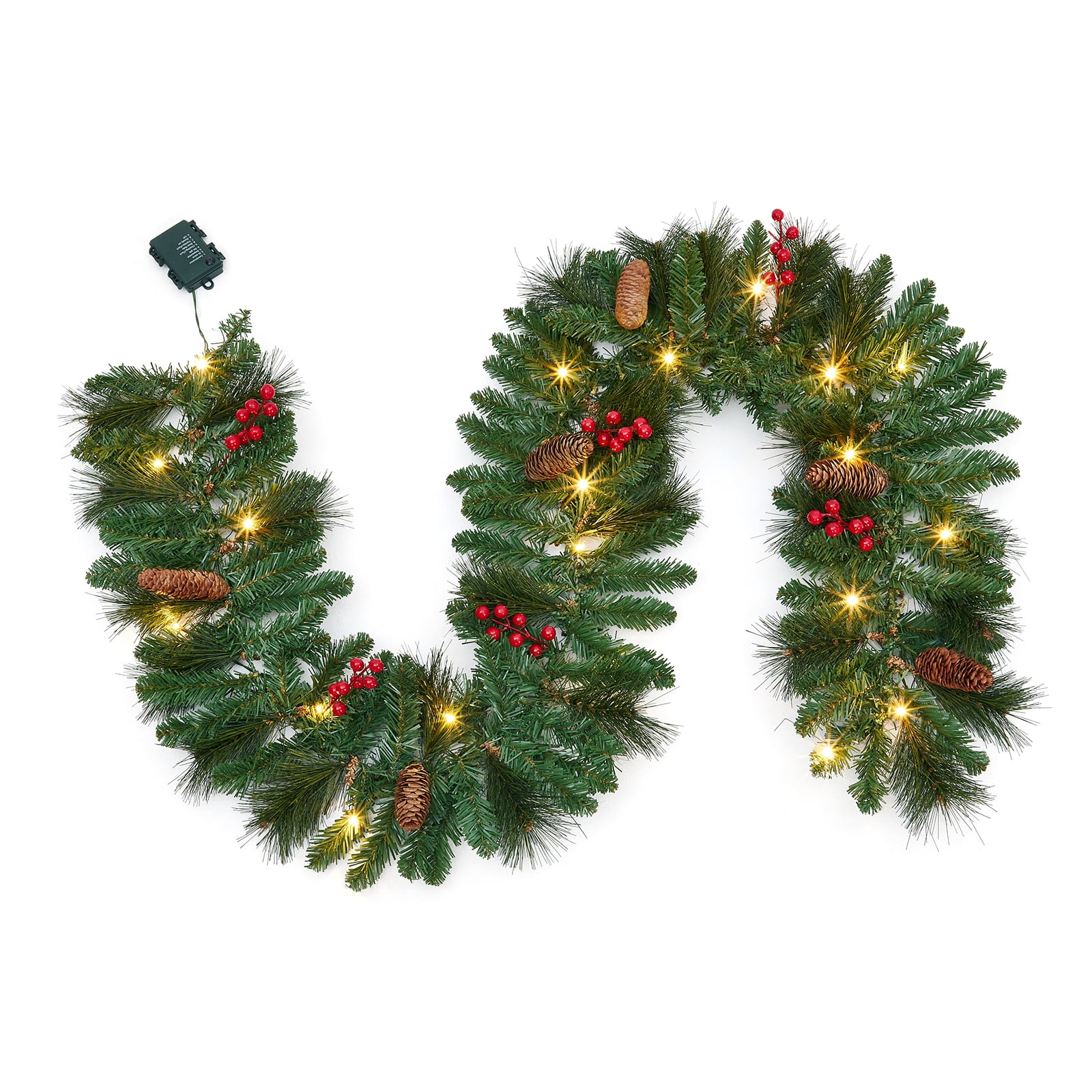6ft/9ft Pre-Lit Christmas Garland with Pine Cones & Red Berries, 20 LED ...