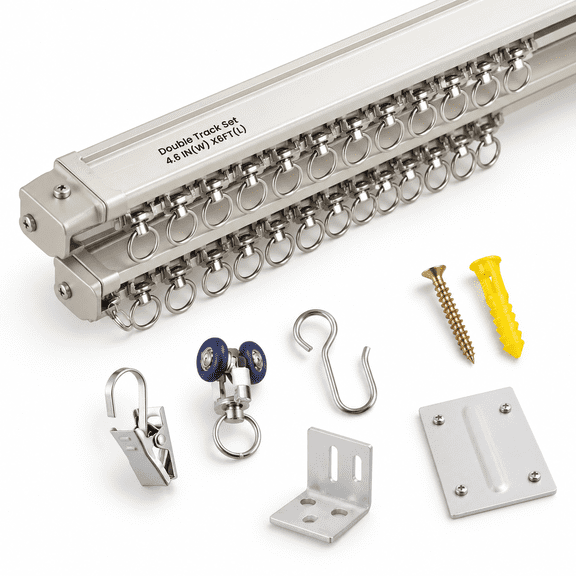 6ft Adjustable Dual Curtain Track Set, Wall/Ceiling Mount Heavy-Duty Aluminum Room Divider System